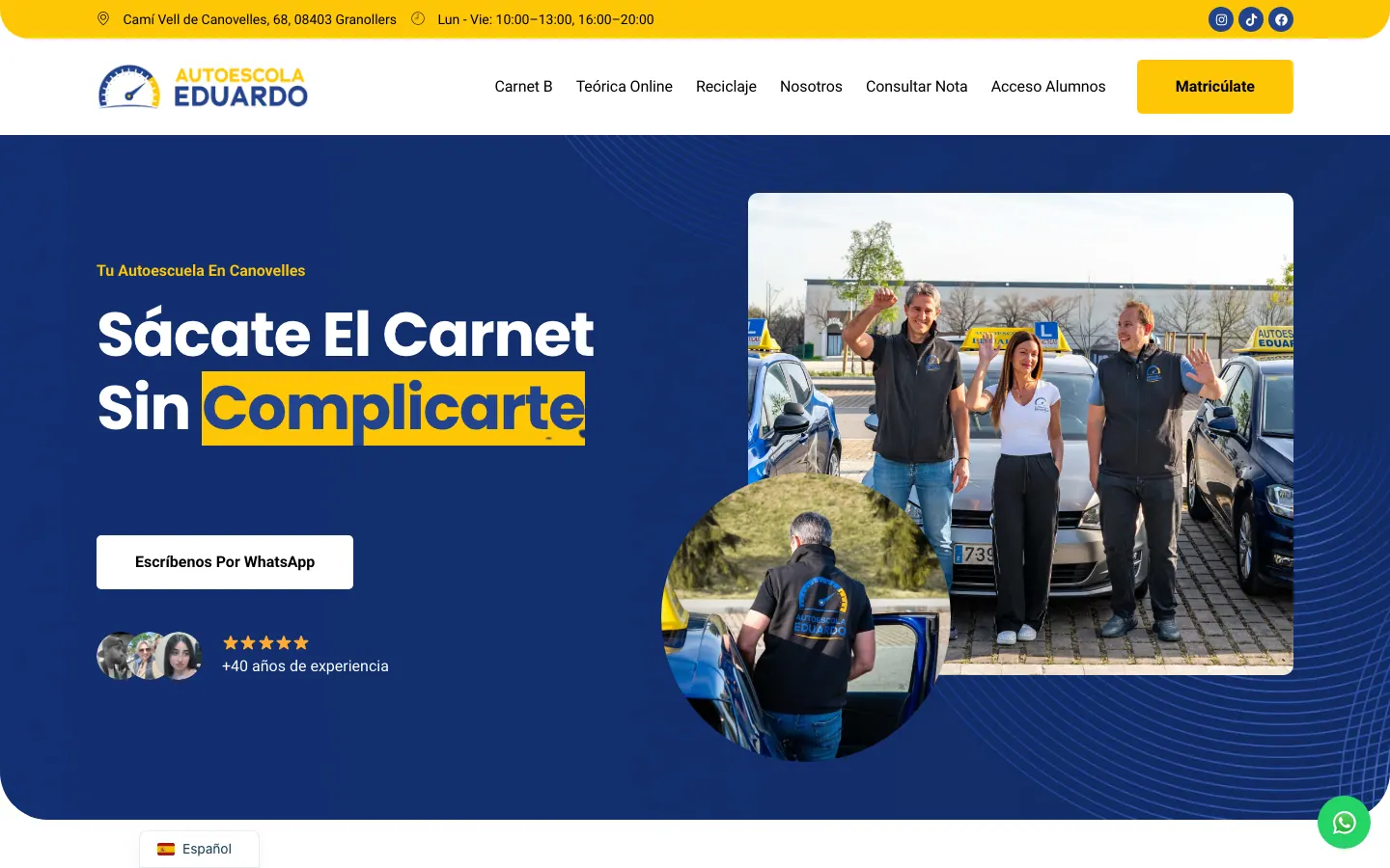 Cabecera de la portada con el acceso a WhatsApp.