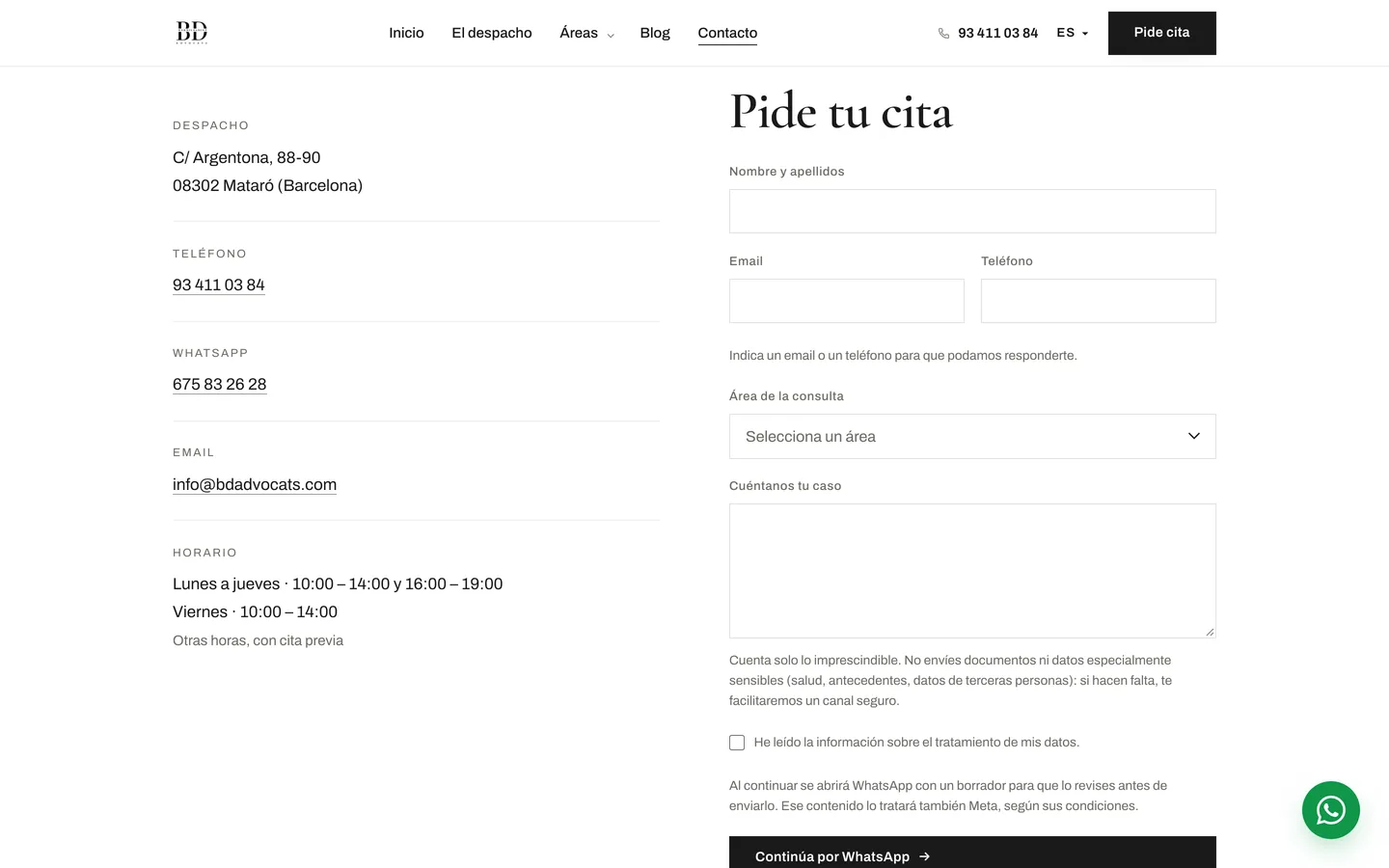 Contacto y formulario que abre WhatsApp con el mensaje preparado.