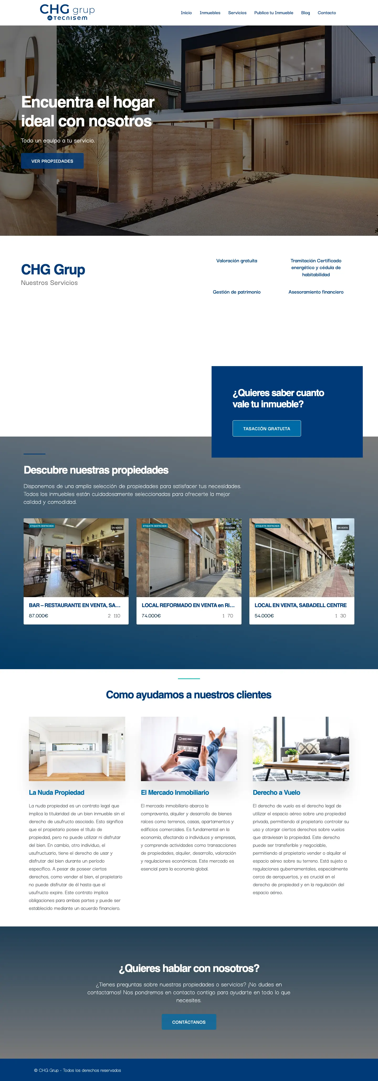 Portada completa: servicios, tasación, inmuebles destacados y artículos.