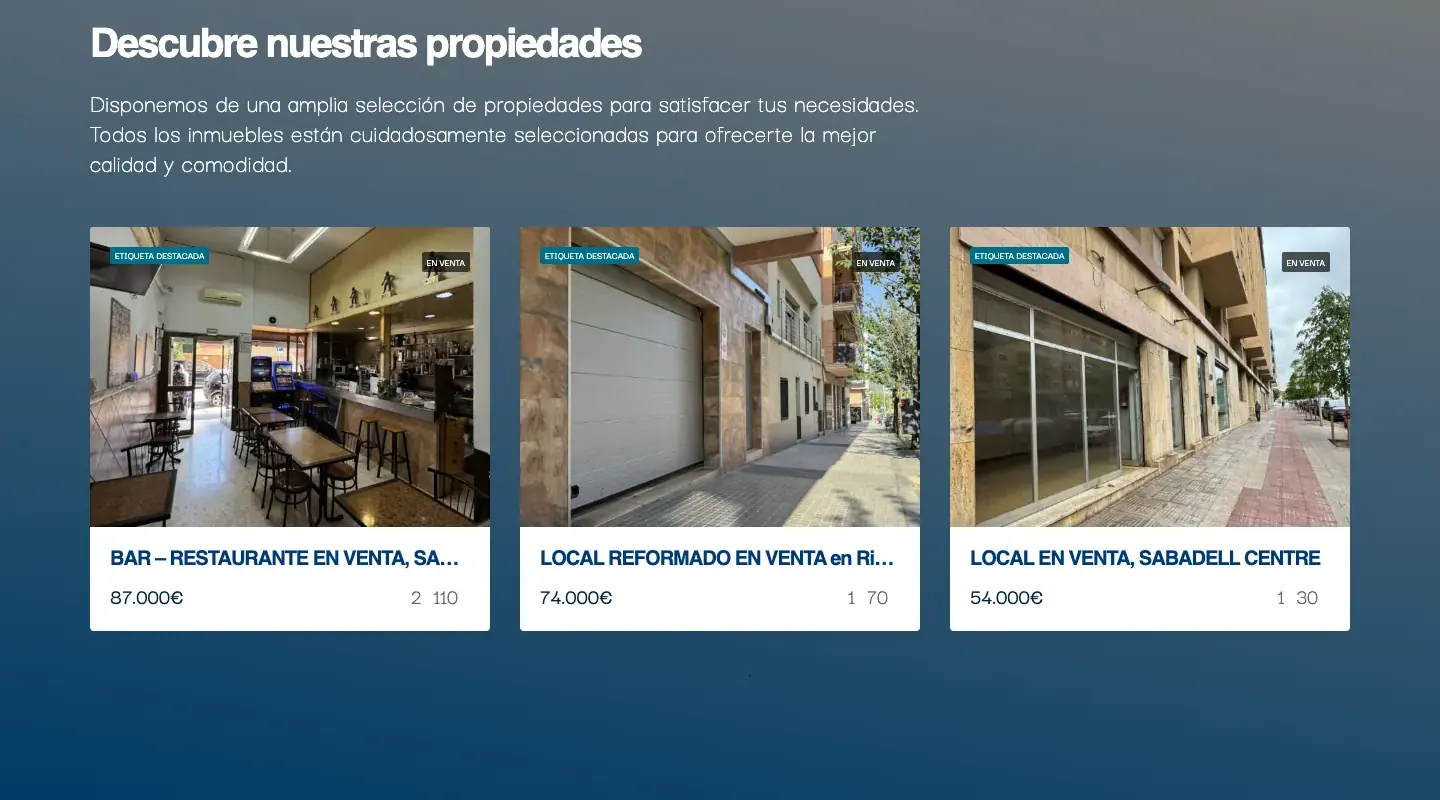 Inmuebles destacados con precio, superficie y estado de venta.