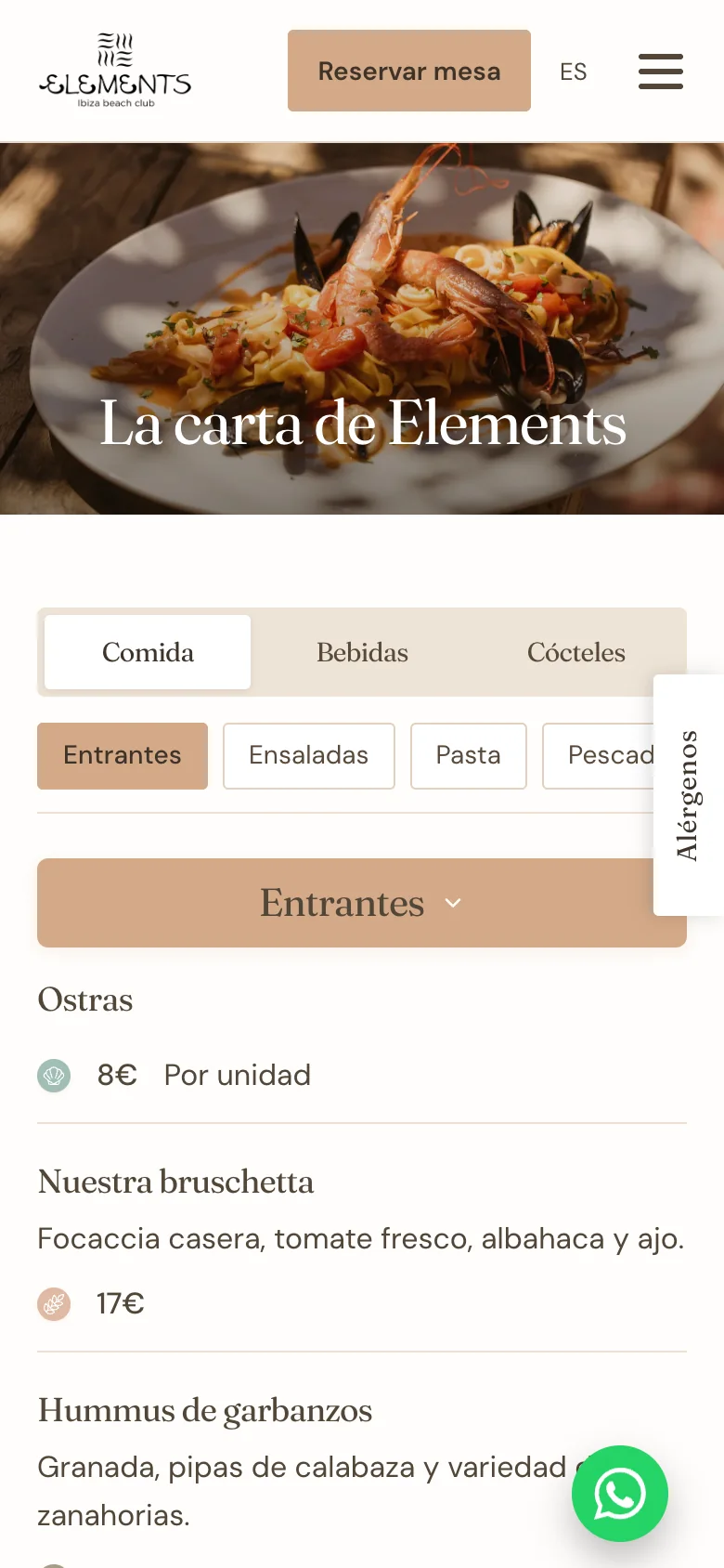 Carta en el móvil, con las categorías deslizables.
