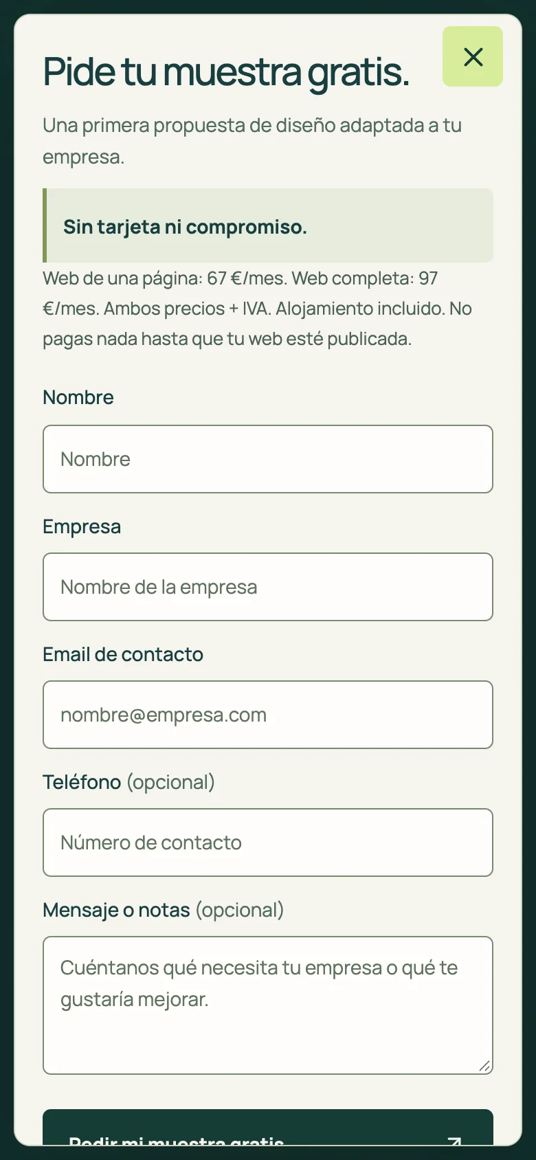 Formulario para pedir la muestra, en el móvil.