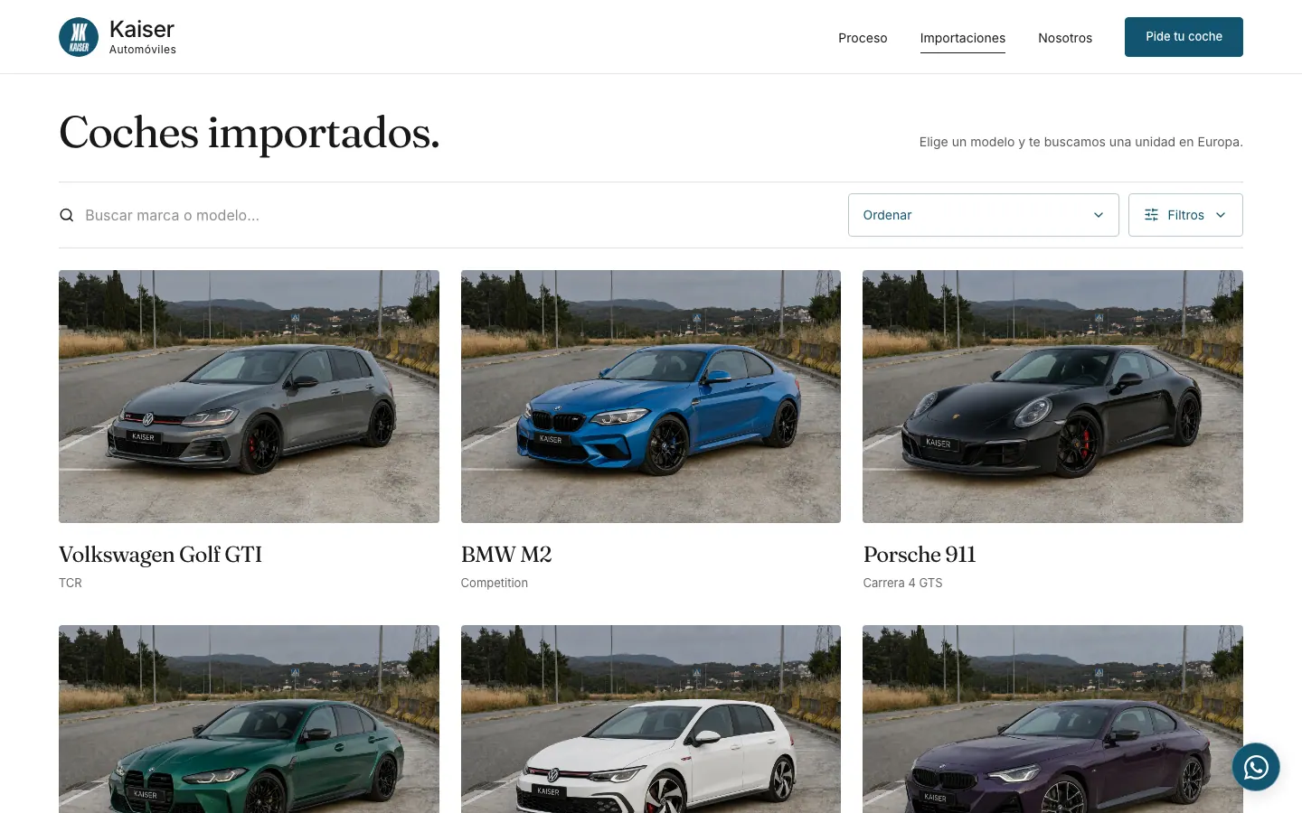 Catálogo de importaciones con buscador, ordenación y filtros.
