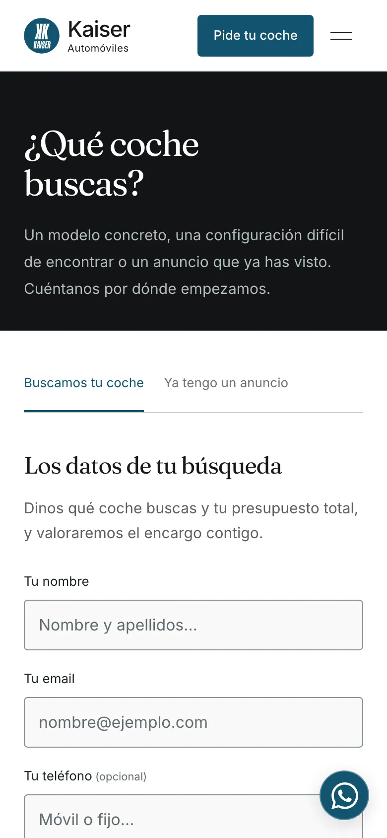 Formulario de encargo en móvil.