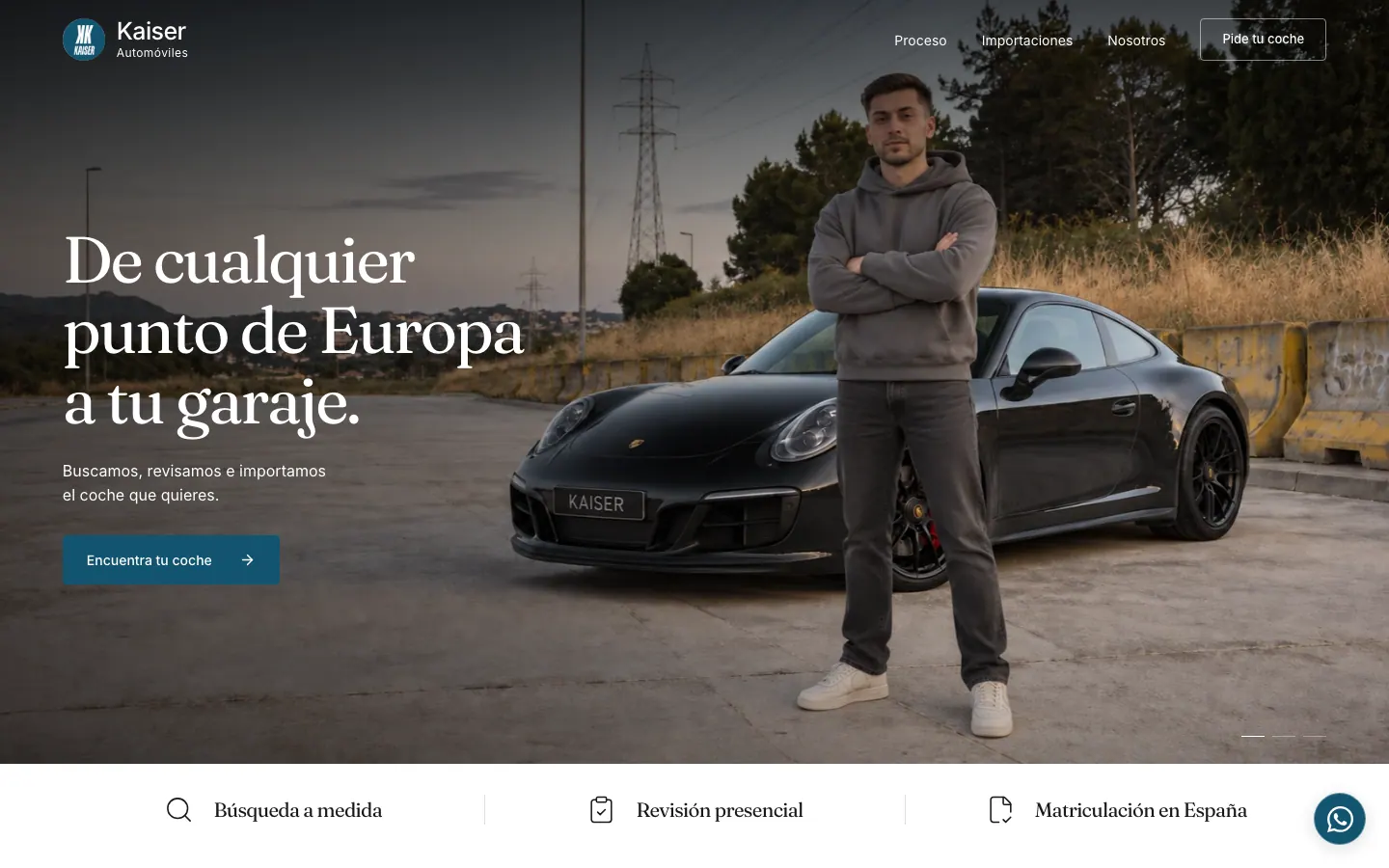 Portada de la web de Kaiser Automóviles, con un Porsche 911 y el fundador