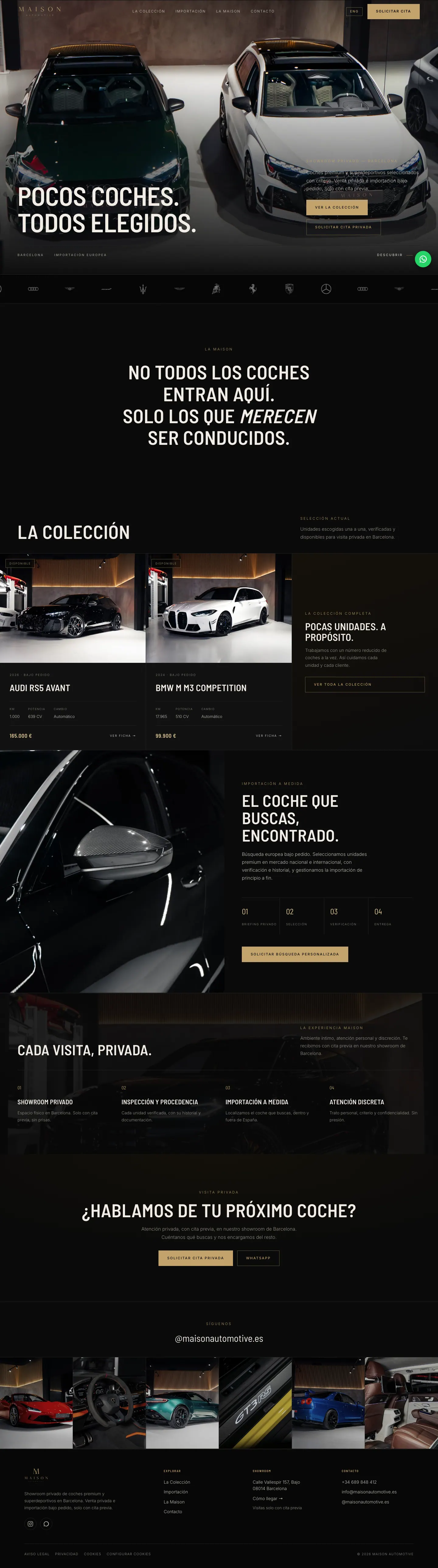 Portada completa: colección destacada, importación bajo pedido, cita privada y tira de fotos del stock.