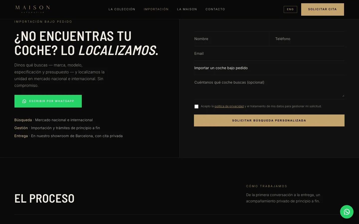 Formulario de búsqueda personalizada, con WhatsApp como alternativa.