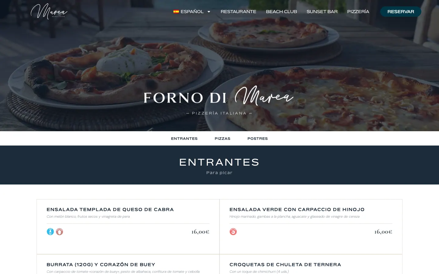 Carta de Forno di Marea, por secciones y con alérgenos.