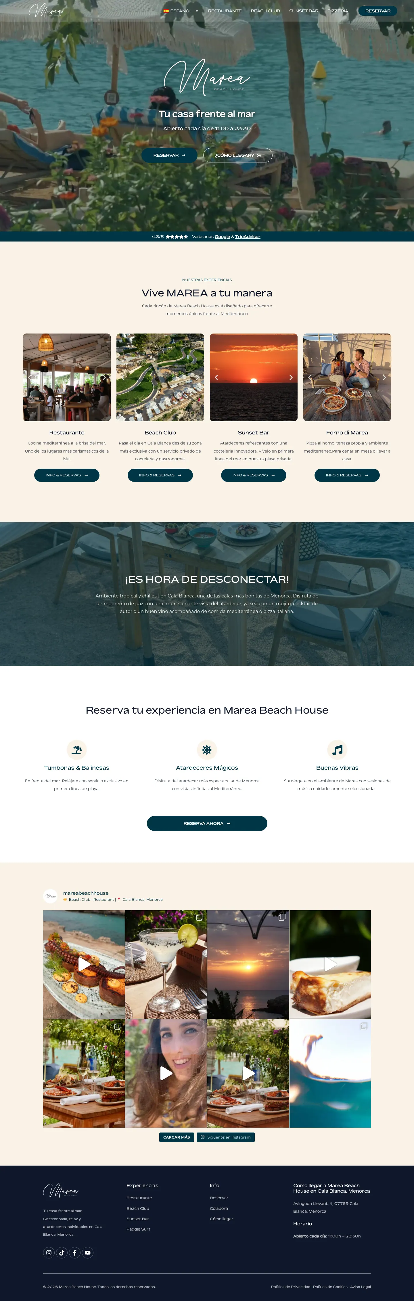 Portada de mareabeachhouse.com, con acceso a cada experiencia y a la reserva.