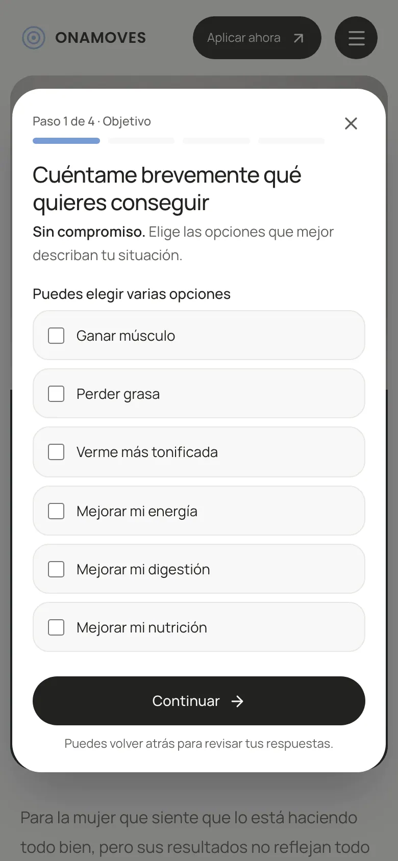Primer paso del formulario en móvil.