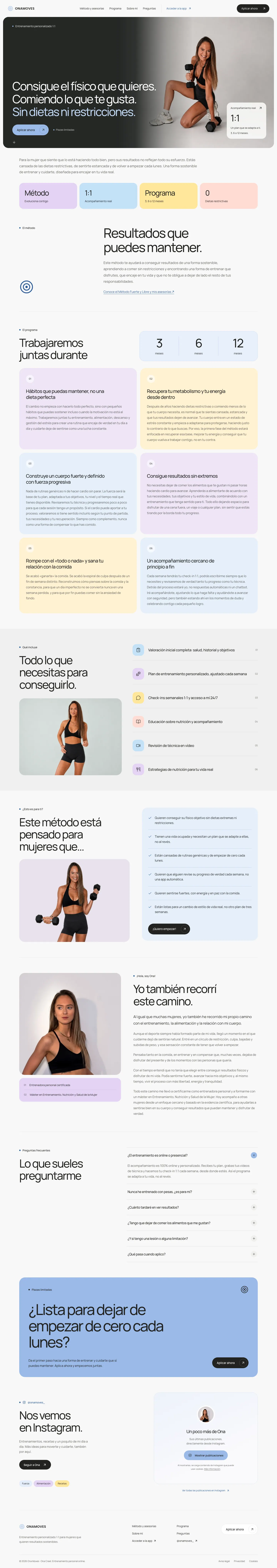 Portada completa de onamoves.com, de la promesa al cierre con Instagram.