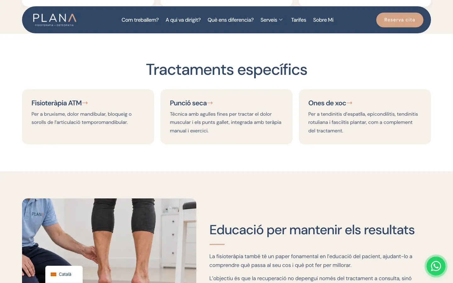Página de fisioterapia con enlaces a los tratamientos específicos.