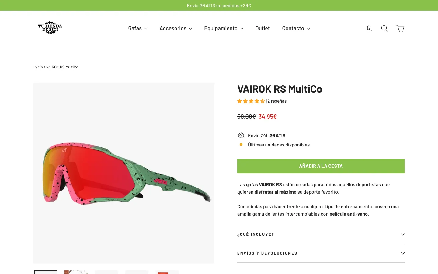 Ficha de producto con valoraciones, plazo de envío y disponibilidad.