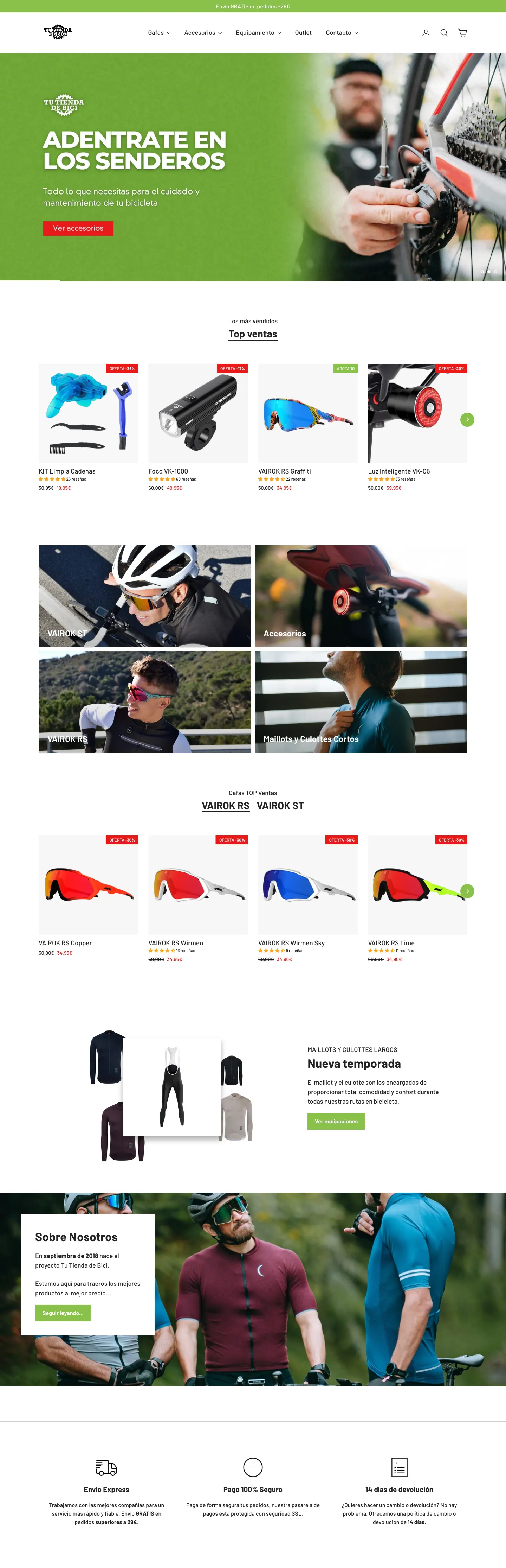 Portada completa: carrusel, más vendidos, líneas de gafas, temporada y compromisos de compra.