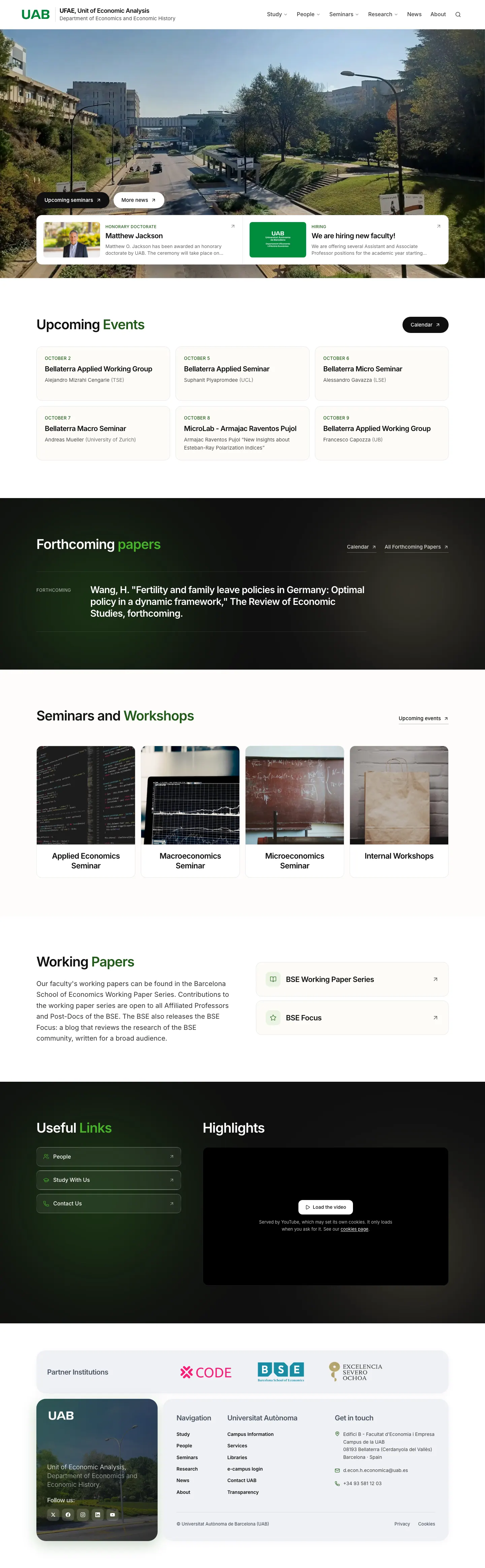 Portada completa de uabufae.eu: noticias, próximos seminarios, publicaciones y series de seminarios.