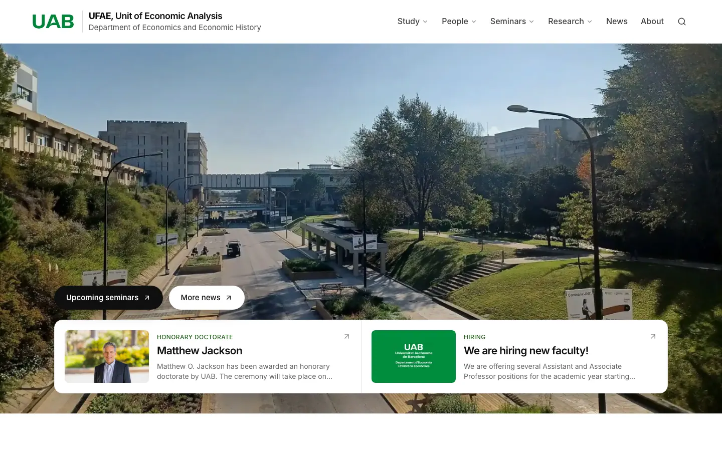 Cabecera de la web del departamento con las dos noticias destacadas.