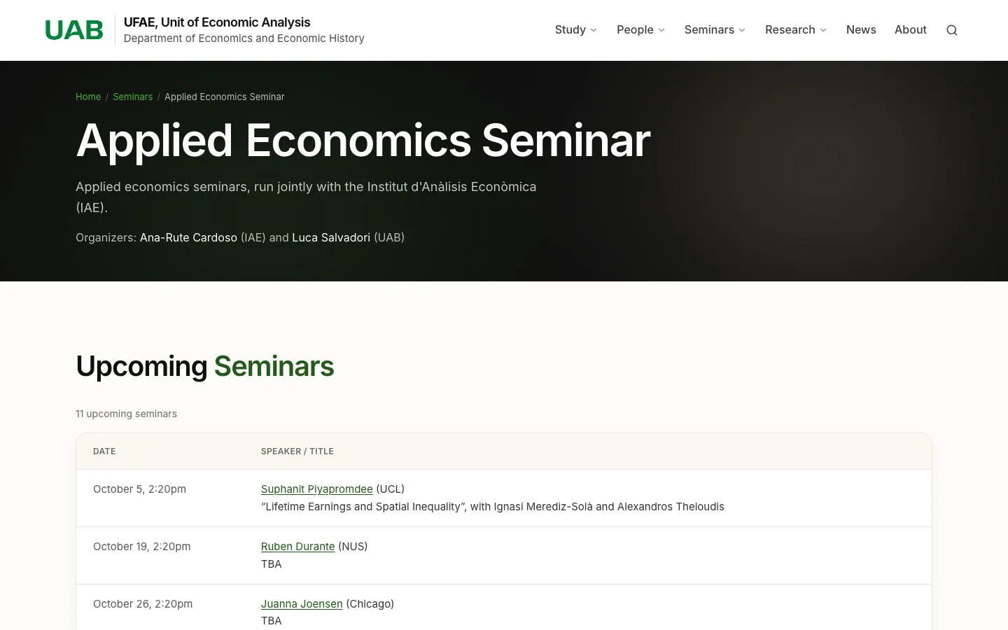 Serie Applied Economics con los próximos seminarios, leídos del calendario de la universidad.