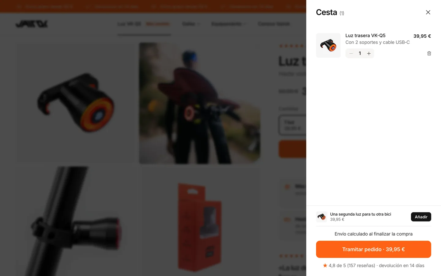 Carrito lateral con la oferta de una segunda luz y la valoración de las reseñas.