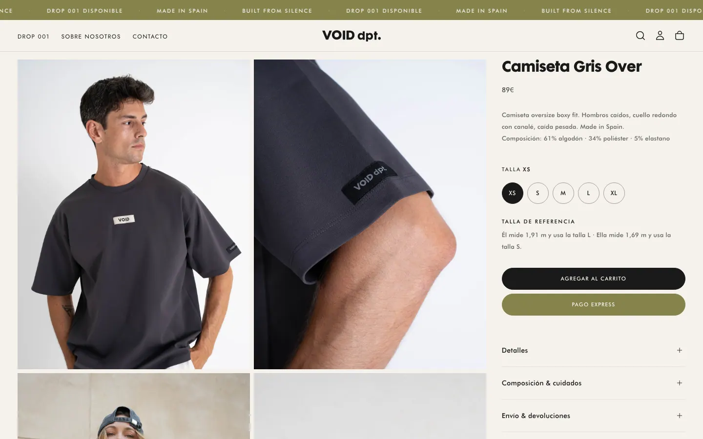 Ficha de producto con selector de talla, talla de referencia y pago express.