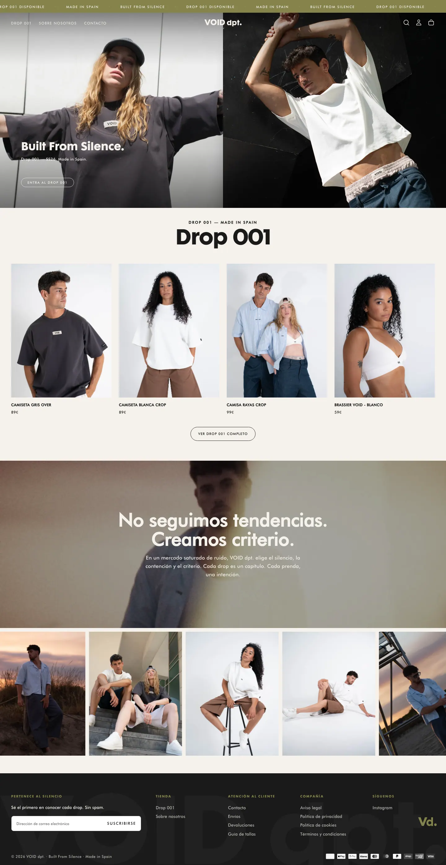 Portada completa: cabecera a dos fotos, Drop 001, manifiesto, fotos de campaña y pie.