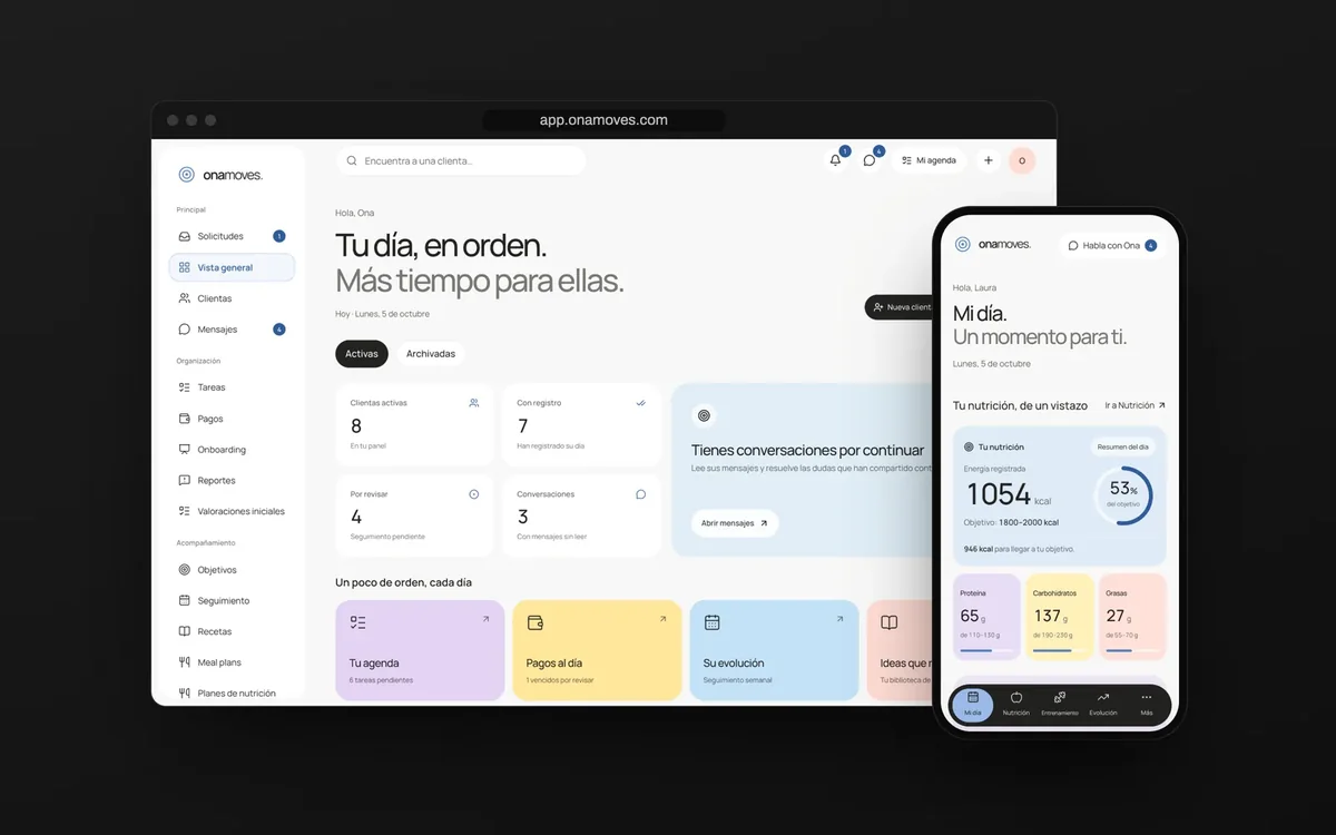 App de Ona Moves: panel de la entrenadora en escritorio y el día de una clienta en el móvil
