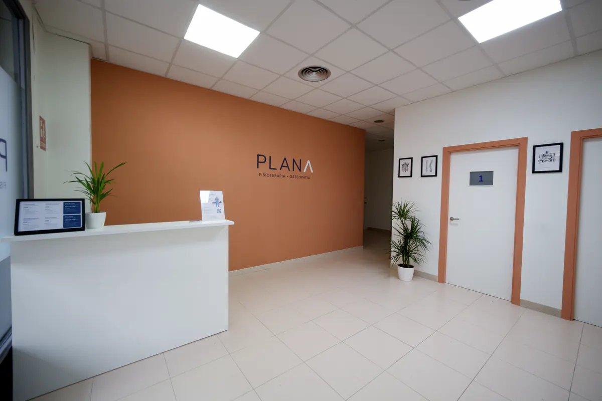 Recepción de Plana Fisio con el mostrador blanco y la pared de marca